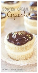 Boston Cream Pie baked into adorable individual cupcakes with a From Scratch filling and ganache