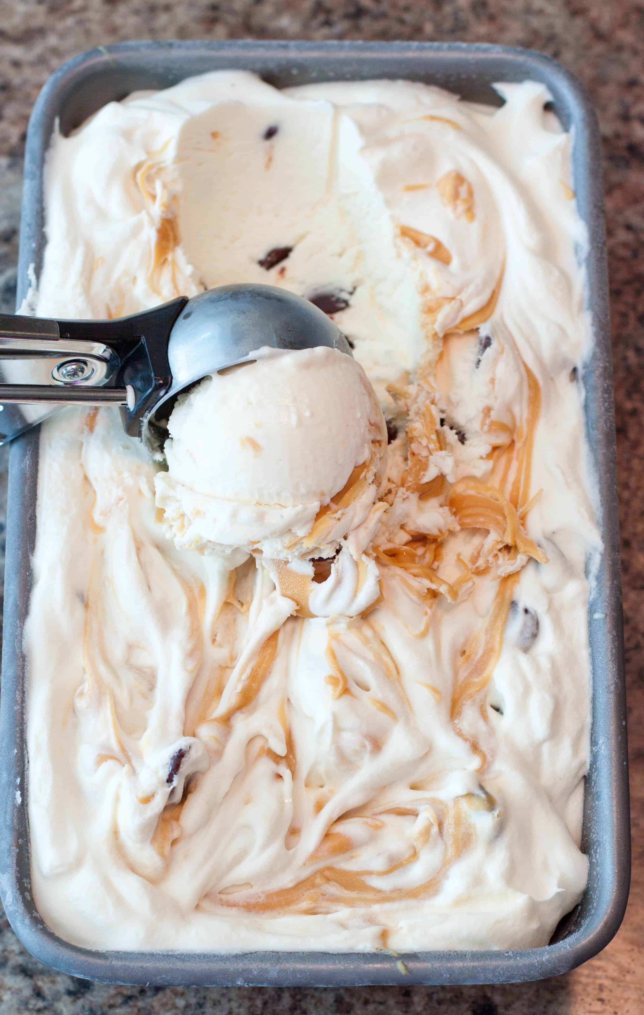 A rich, creamy, and EASY No Churn Caramelized White Chocolate and Chocolate Chip Ice Cream!