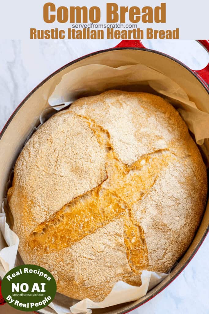 fresh baked bread in a dutch oven with Pinterest pin text with NO AI sticker.