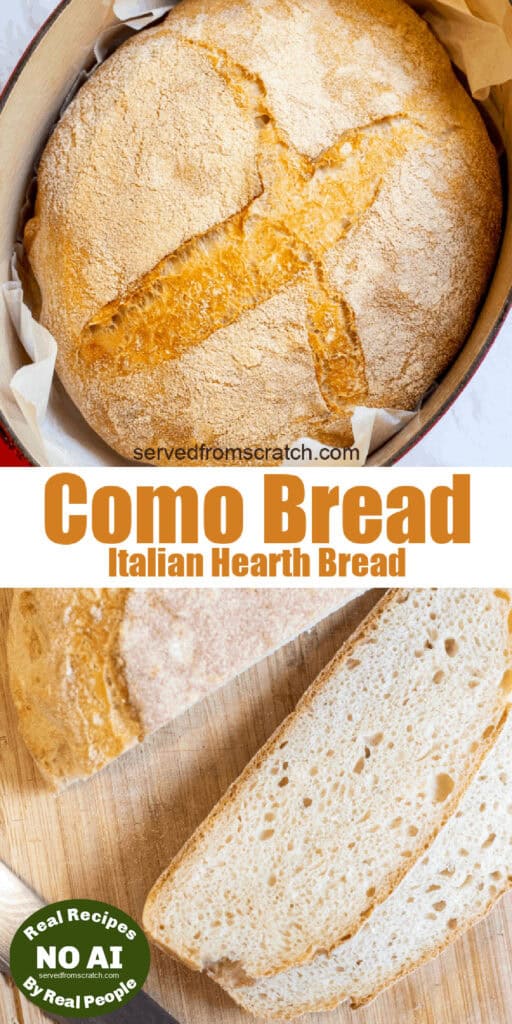 a fresh baked bread in a dutch oven and sliced on a cutting board with Pinterest pin text wtih NO AI sticker.