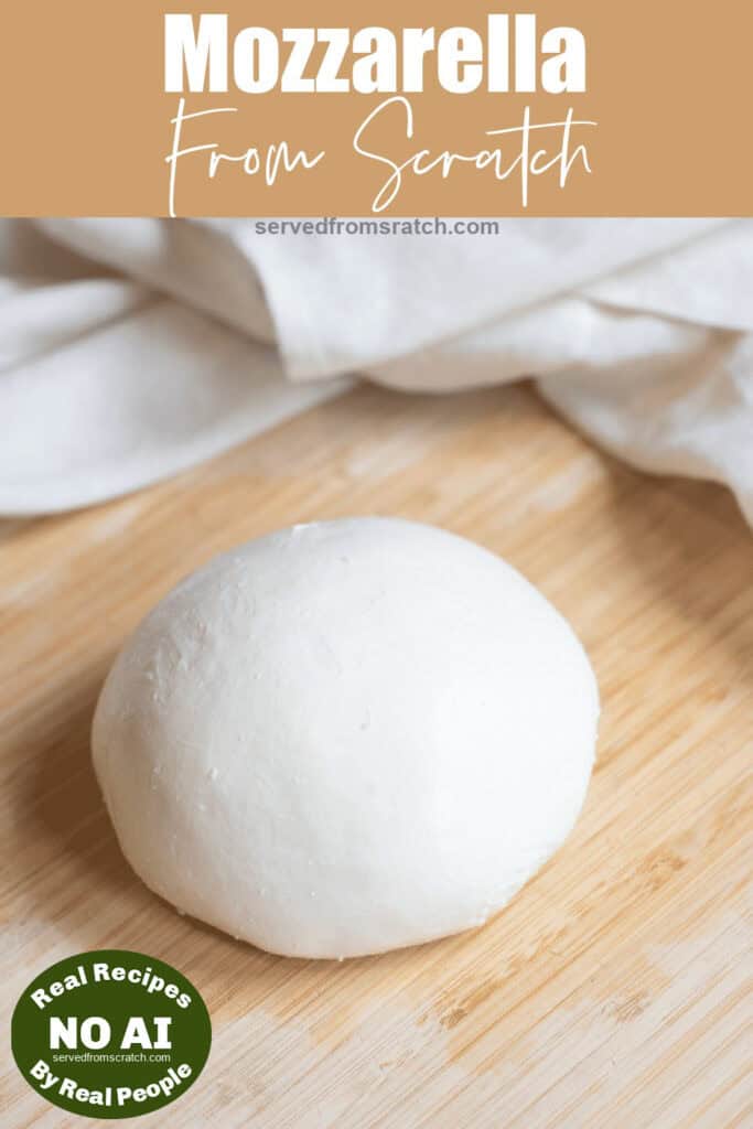 a ball of fresh mozzarella cheese with Pinterest pin text with a NO AI sticker.