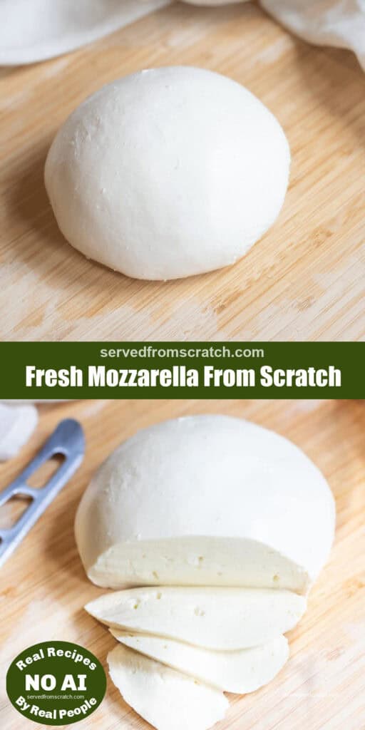 a ball of fresh mozzarella cheese with Pinterest pin text and it sliced with a NO AI sticker.