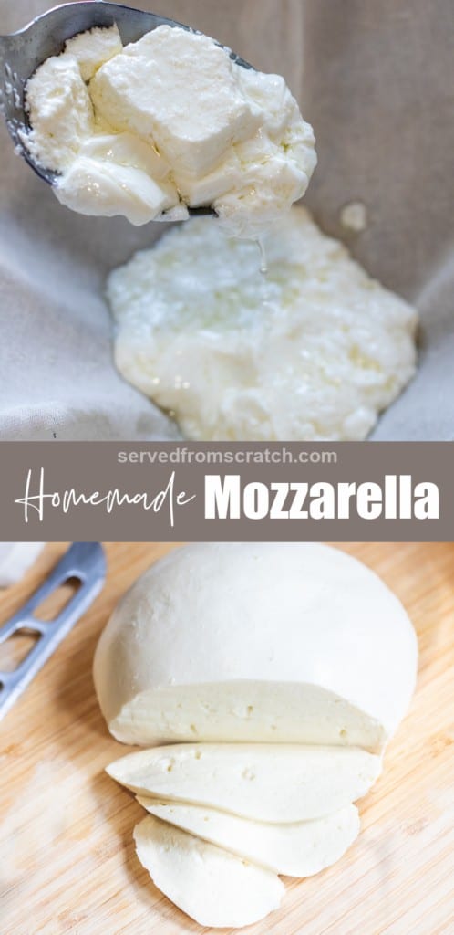 cheese curds into a cheese cloth and a sliced ball of mozzarella cheese with Pinterest pin text.