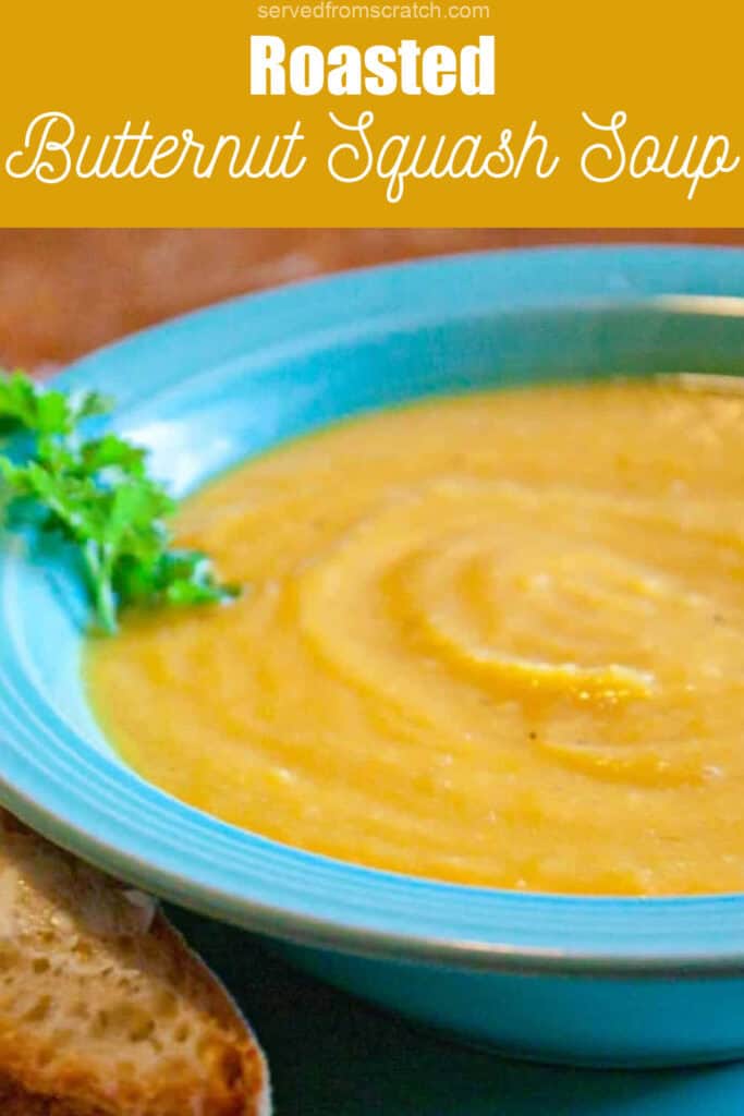 a bowl of butternut squash soup and Pinterest pin text.