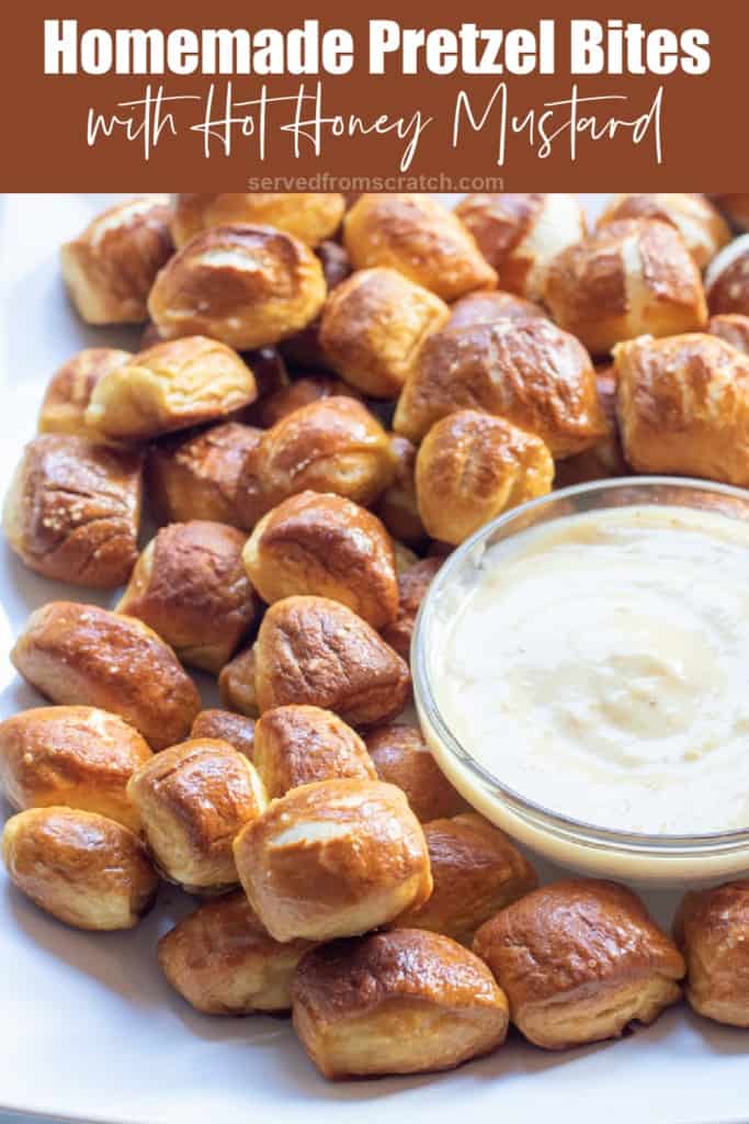 a plate of soft pretzels with dipping sauce and Pinterest pin text.
