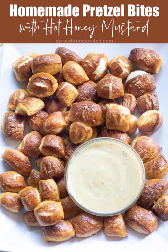a plate of soft pretzels with dipping sauce and Pinterest pin text.