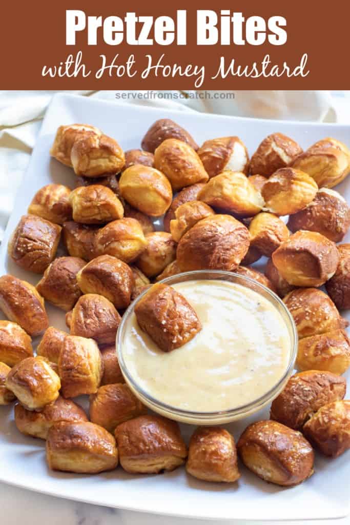 a plate of soft pretzels with dipping sauce and Pinterest pin text.