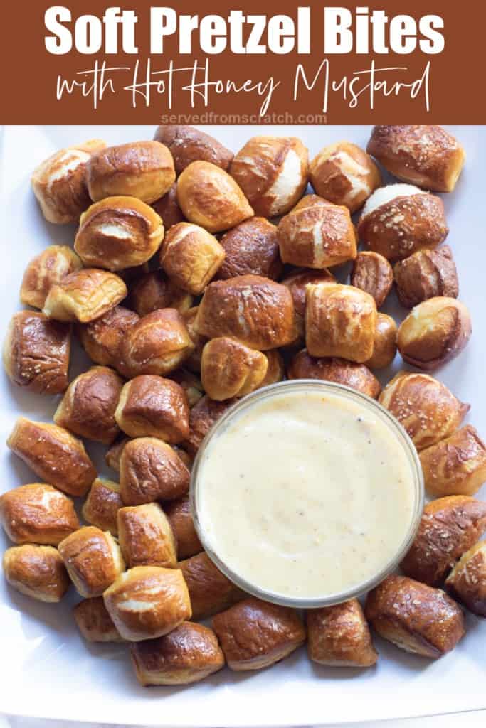 a plate of soft pretzels with dipping sauce and Pinterest pin text.