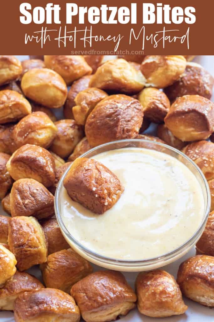 a plate of pretzel bites with a bowl of dipping sauce and Pinterest pin text.