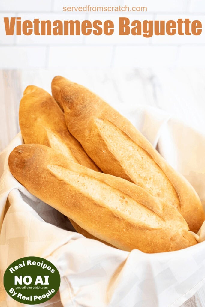 a bowl of fresh baked baguettes and Pinterest pin text and NO AI sticker.