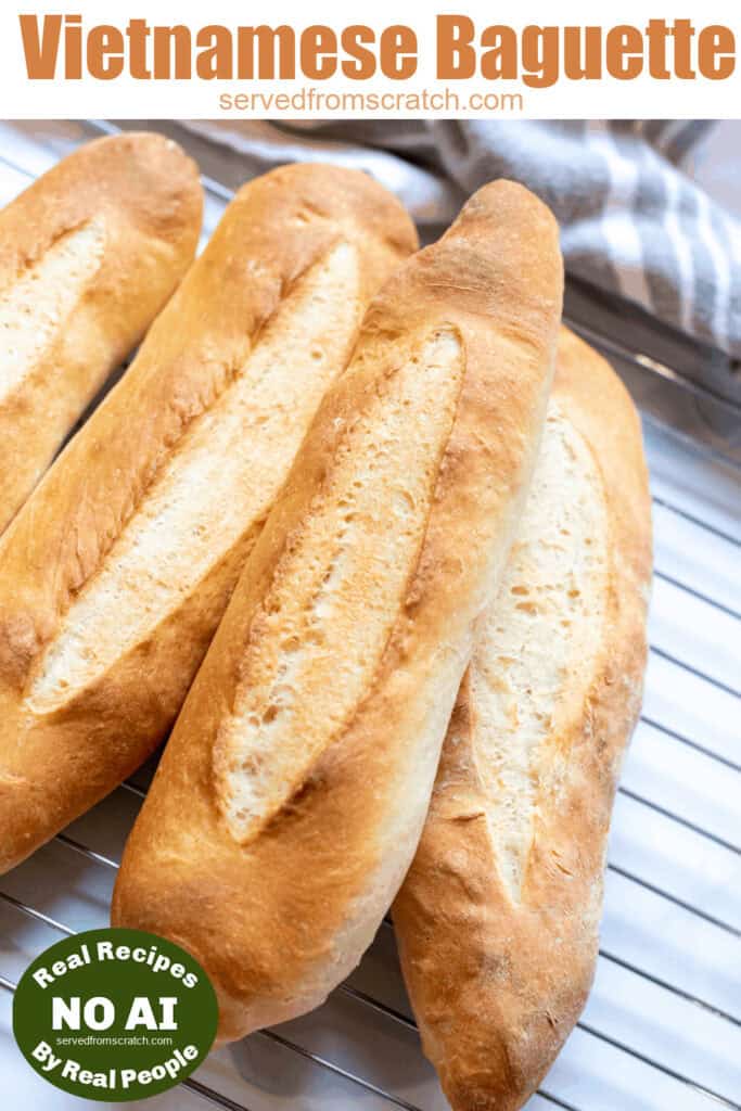 a bowl of fresh baked baguettes and Pinterest pin text and NO AI sticker.