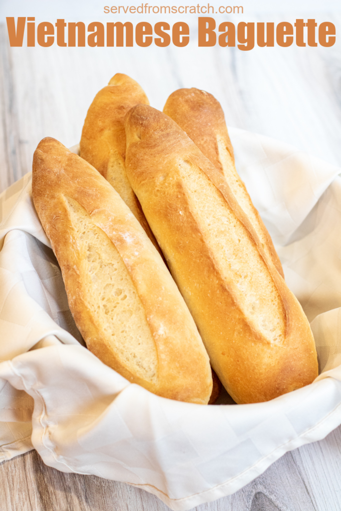 a bowl of fresh baked baguettes and pinterest text.