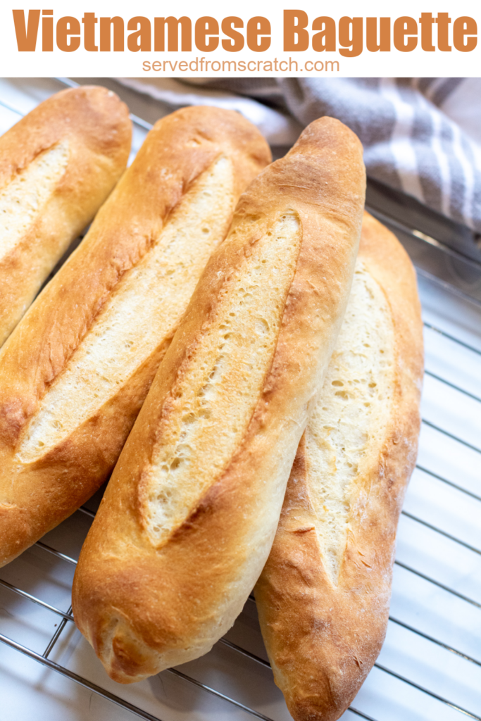 a bowl of fresh baked baguettes and pinterest text.