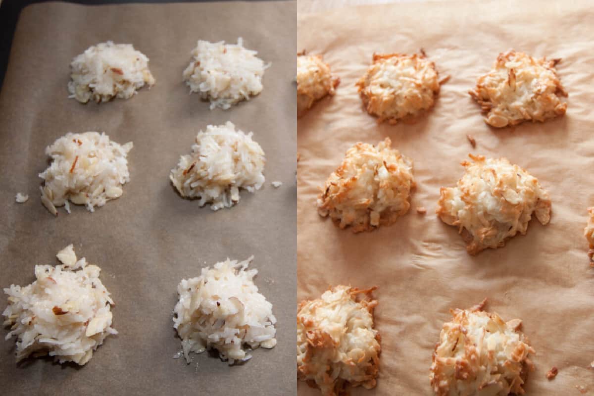 one picture of a tray of macaroons and then a picture of them baked.