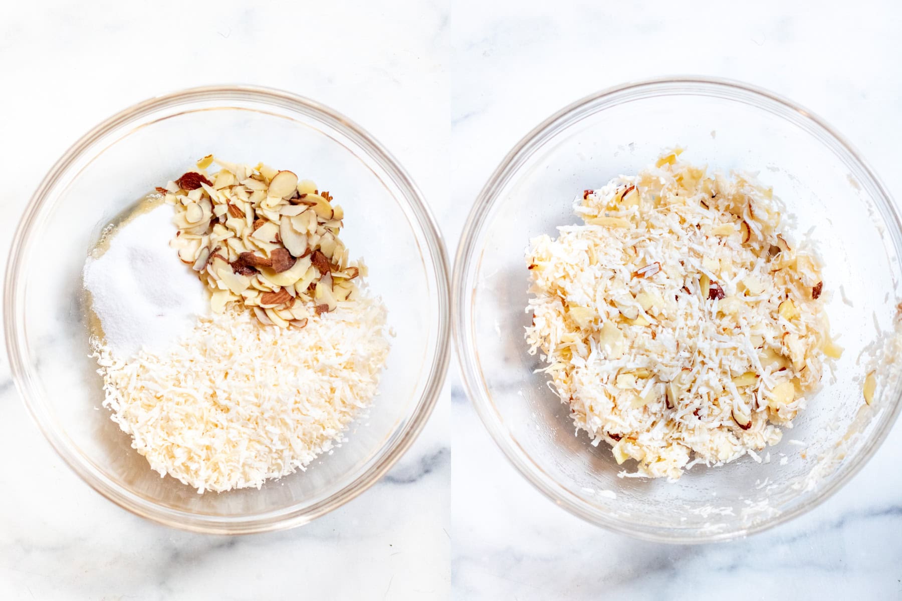 two bowls one with coconut, sugar, almonds, and sugar and then it all mixed.