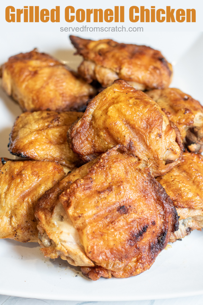 a plate with grilled chicken with Pinterest pin text.