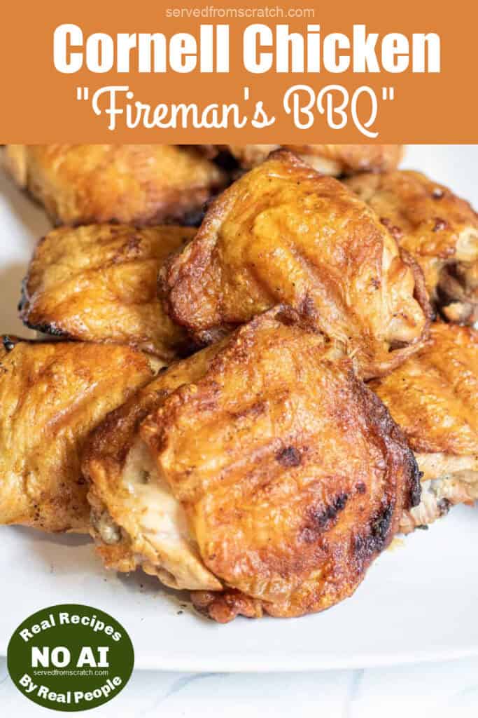 a plate of grilled chicken thighs, Pinterest pin text and a NO AI sticker.