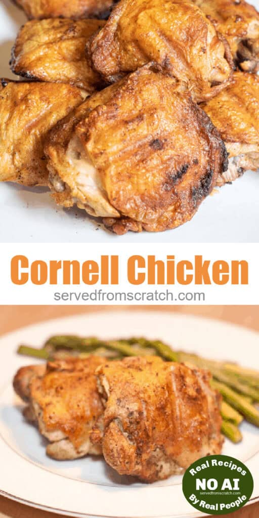 a plate of grilled chicken thighs, Pinterest pin text, and a plate with grilled chicken and asparagus and a NO AI sticker.