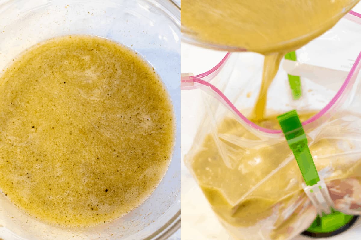 a bowl with marinade and it being poured in a bag.