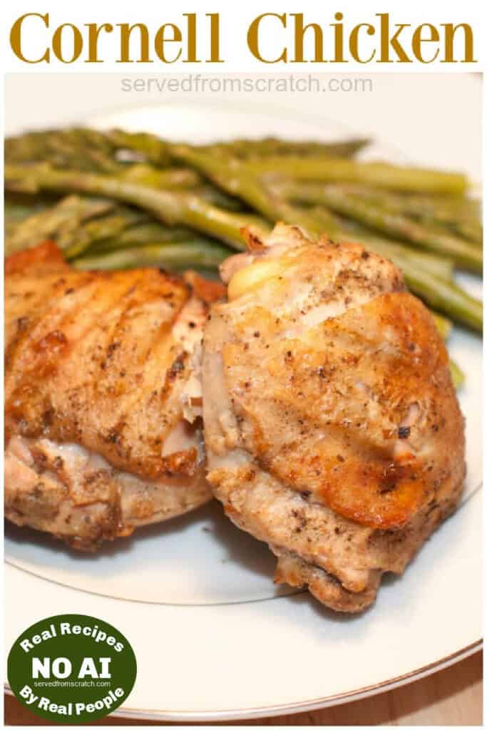 a plate with grilled chicken and asparagus, Pinterest pin text and a NO AI sticker.