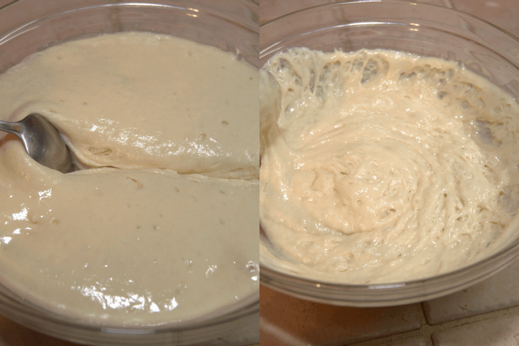 two bowls of sourdough starter with a spoon pulling through.