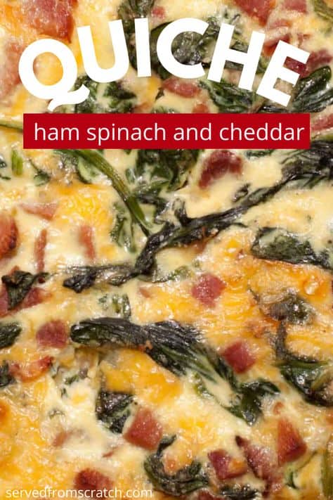 a close up of a top of a quiche with spinach and ham with Pinterest pin text.