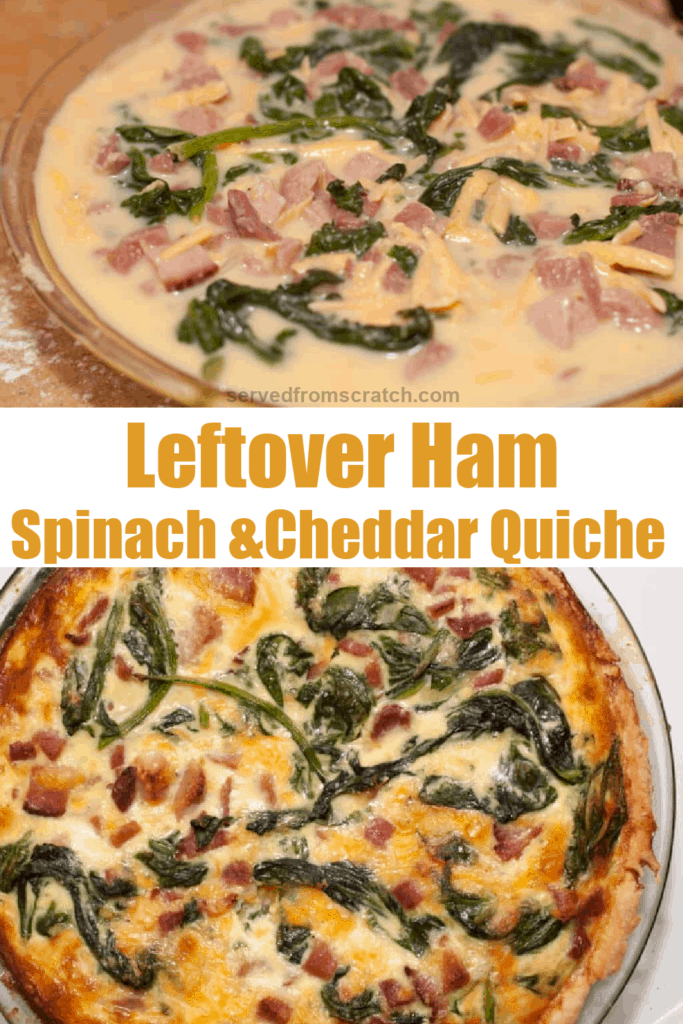 a raw quiche in a pie dish and cooked quiche with Pinterest pin text.