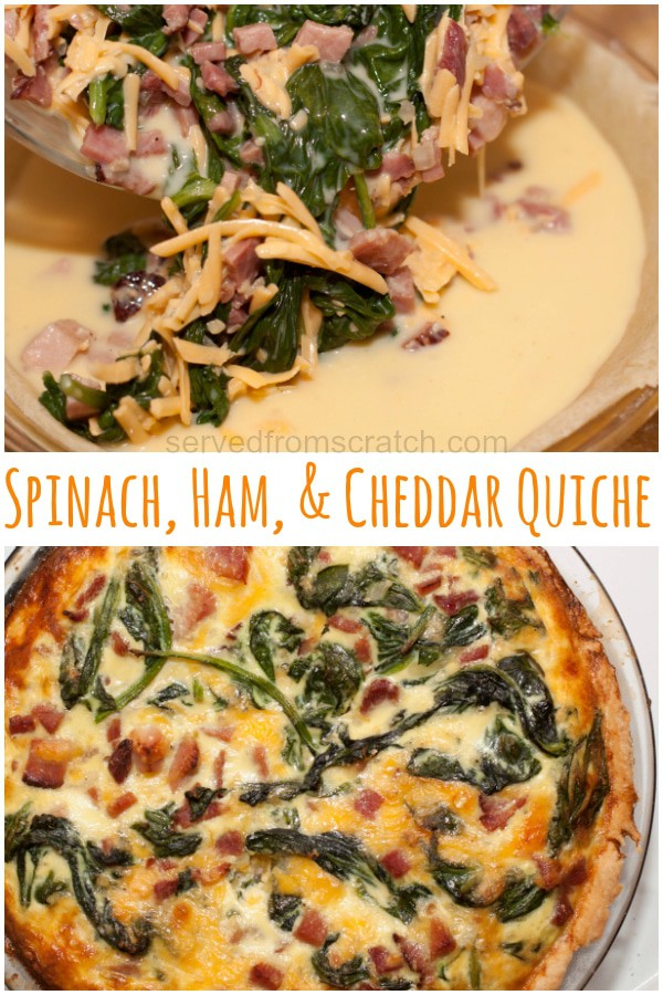 cheddar and spinach and eggs and ham being poured into a pie crust
