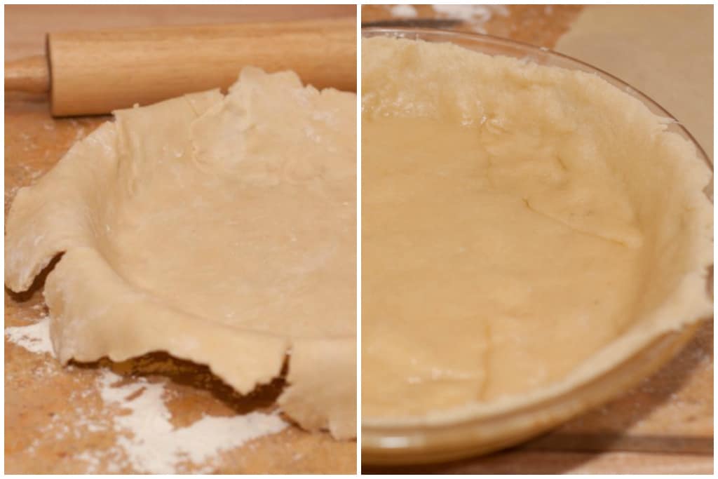 pie crust laid out in pan and then baked and trimmed