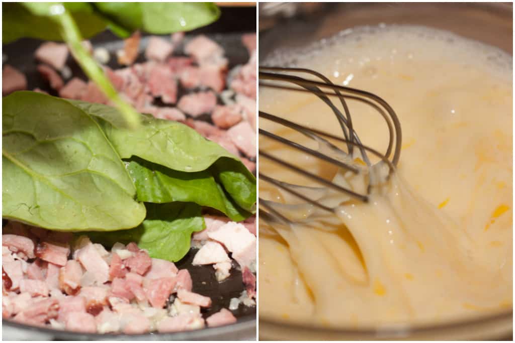 sauteed spinach and spinach and a whisk in a bowl with eggs