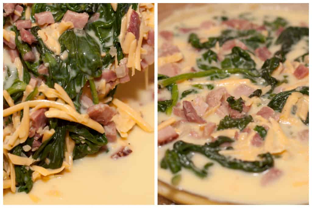 cooked spinach and ham with cheddar being added to pie dish with whisked eggs