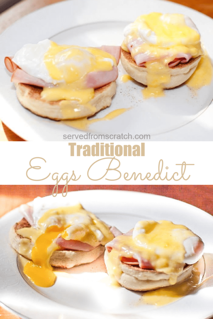 two plates of eggs benedicts with one broken yolk and Pinterest pin text.