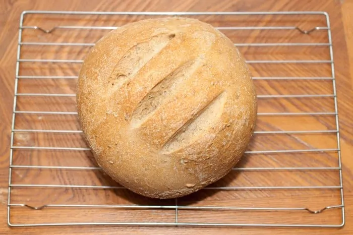 an overhead of a fresh baked round loaf of bread on a drying rack