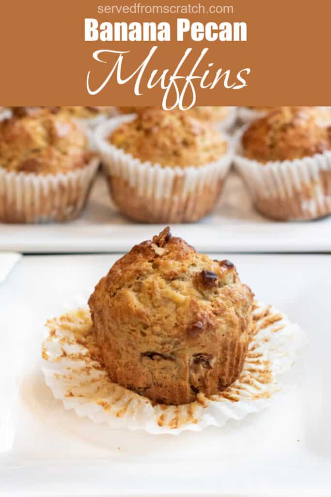an unwrapped muffin on a plate in front of a plate of muffins with Pinterest pin text.
