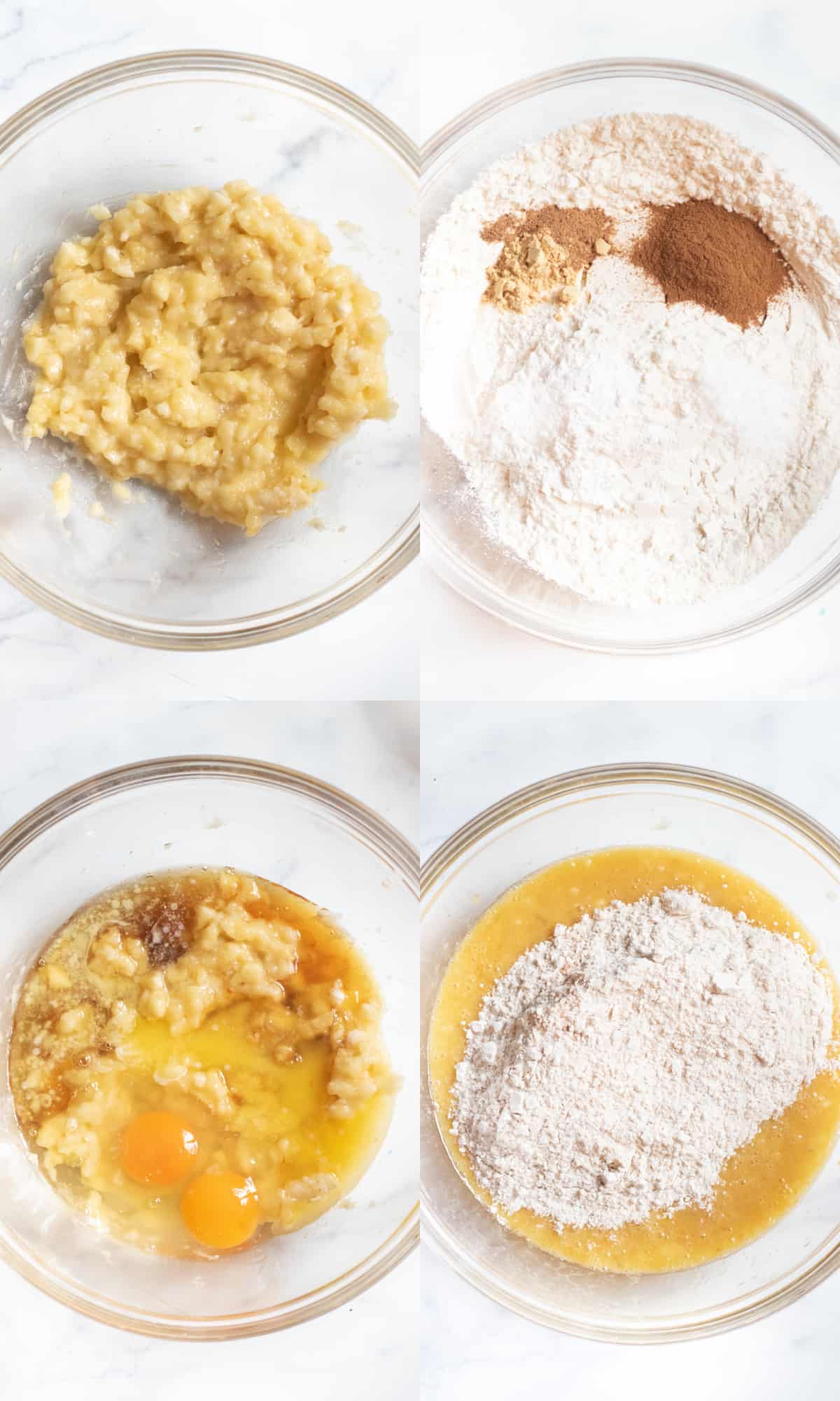 four bowls, one with mashed bananas, one with flour and spices, one with egg and melted butter and syrup added to the bananas, and one with mixed dry ingredients added.