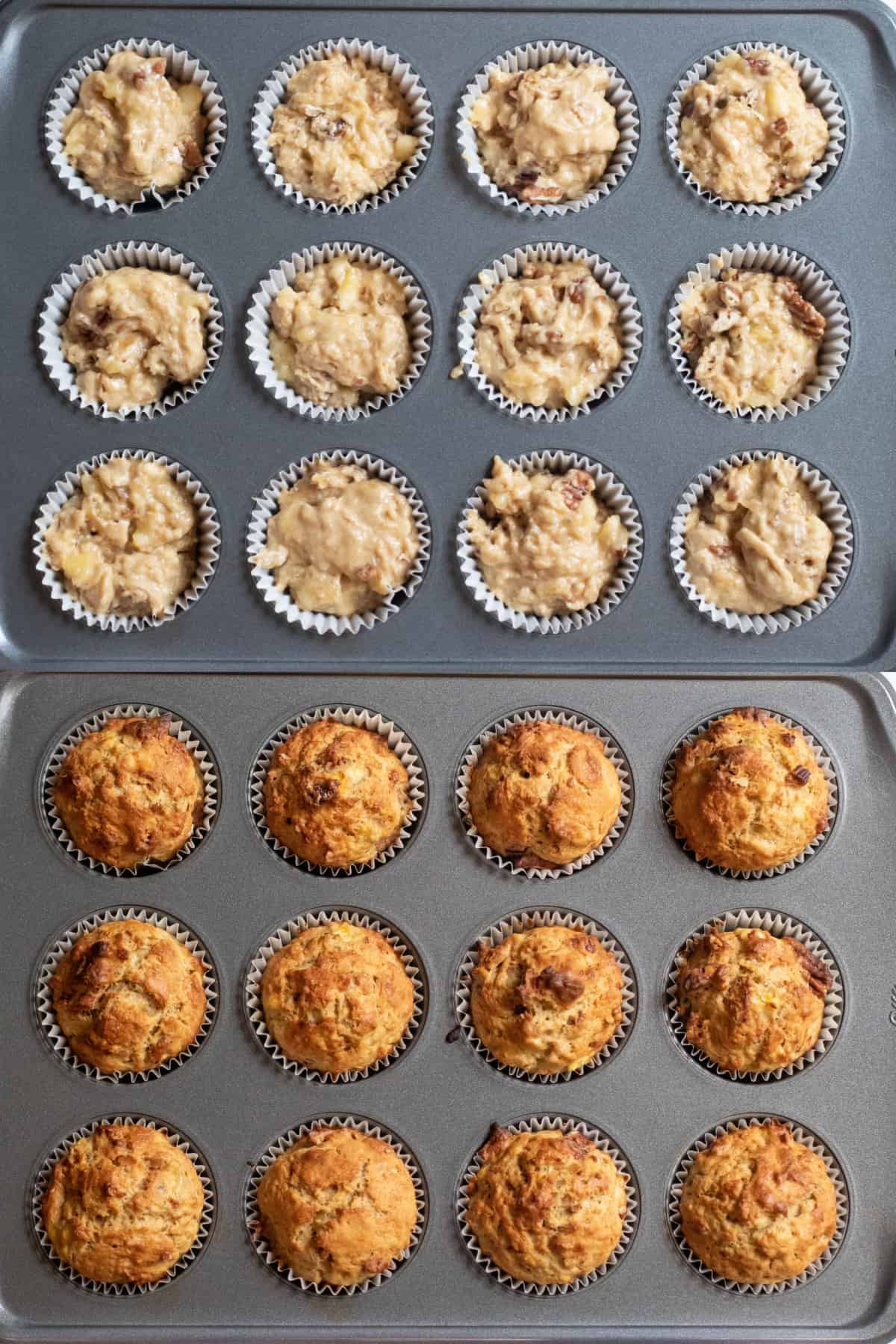 a muffin tray with raw muffin dough in liners, and then a muffin tray with it all baked.