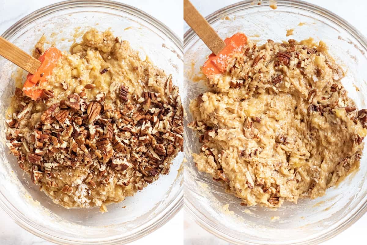 two bowls, one with mixed dough and one with pecans added.