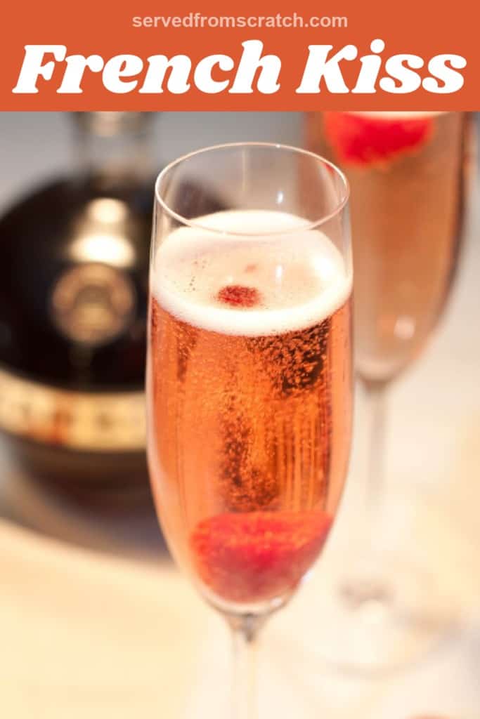 a champagne flute with a raspberry and Pinterest pin text.