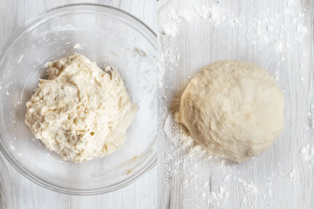 a bowl of rough dough and a ball of dough on a counter.