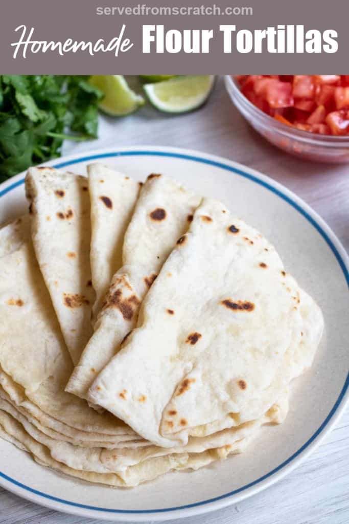 a plate of fanned out flour tortillas with Pinterest pin text.