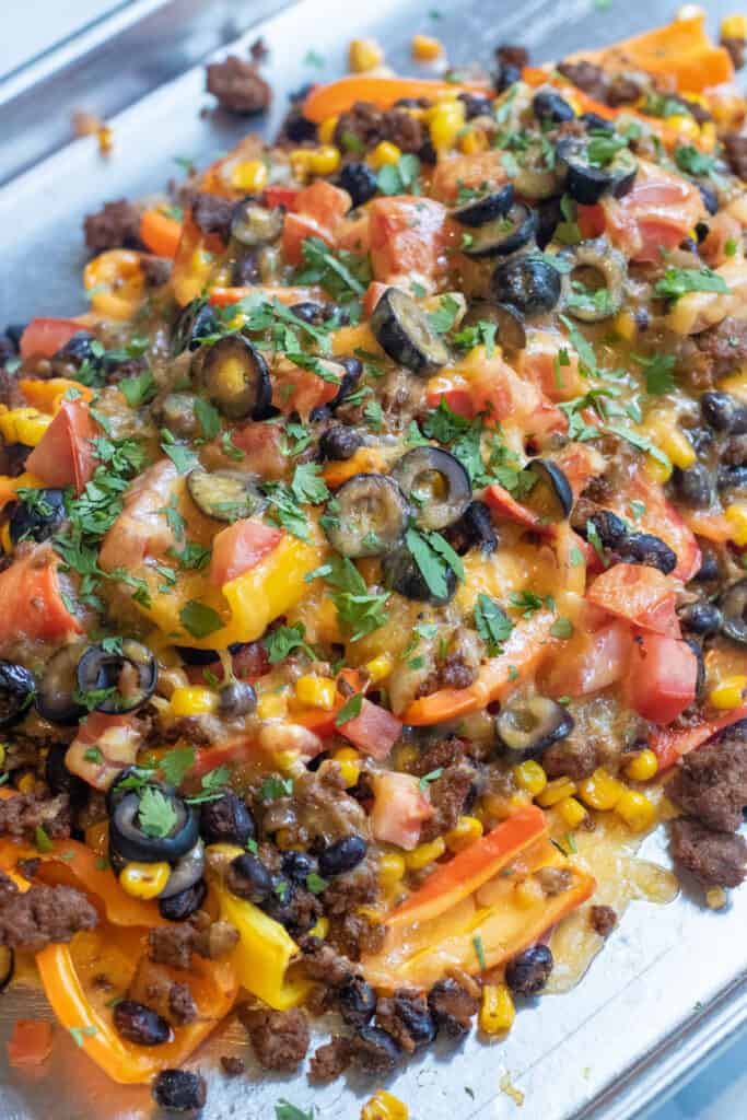 a plate of nachos with meat, olives, and taco meat and tomatoes.