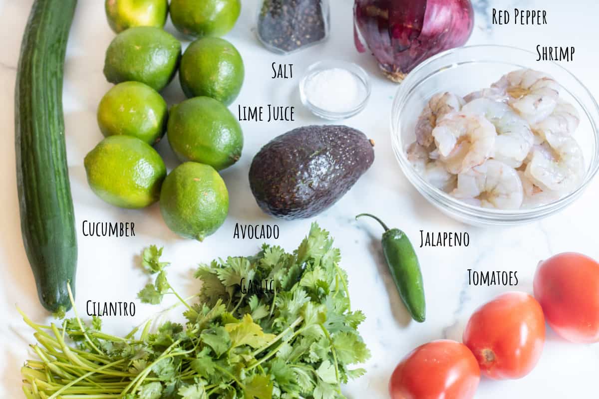 cucumber, limes, tomatoes, onion, shrimp, cilantro and avocado.