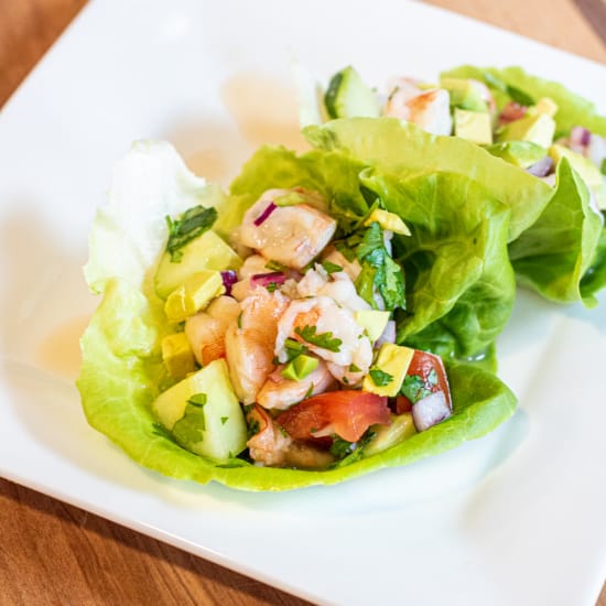 a lettuce wrap with shrimp ceviche.