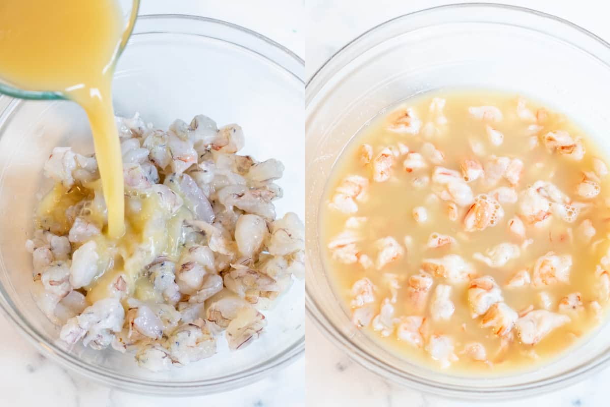 two bowls, one with raw cubed shrimp with lime juice being added and then a bowl of the shrimp cooked.