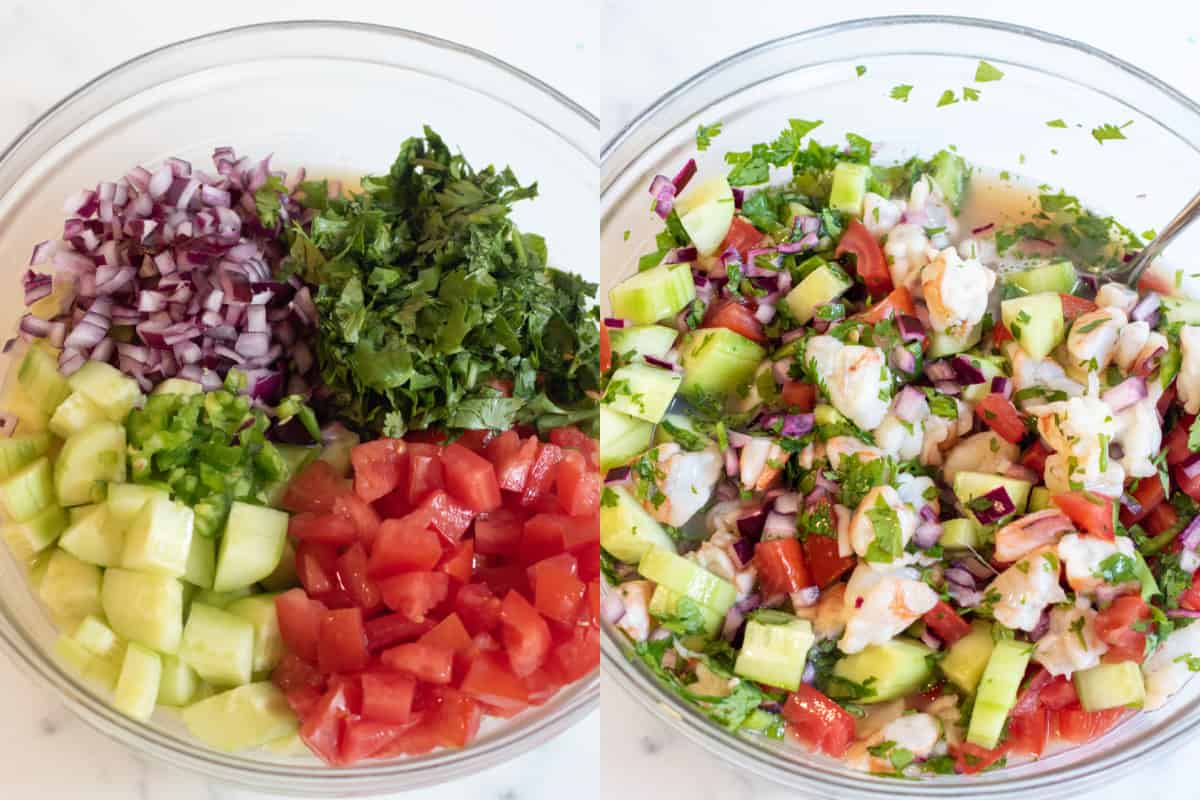 a bowl of cucumber, tomatoes, ceviche, onion, and another bowl of it all mixed with the shrimp ceviche.