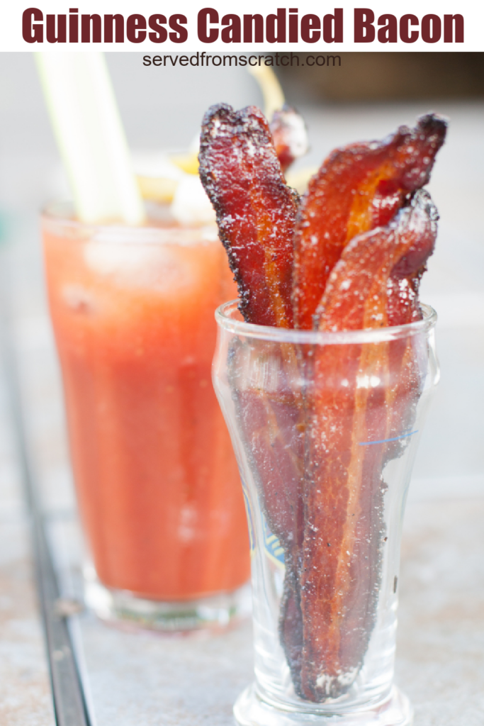 a cup of candied bacon with Pinterest pin text.