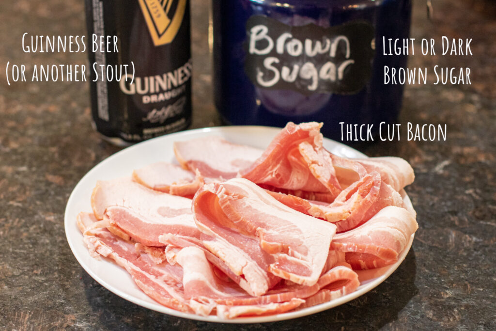 bacon, brown sugar, guinness on a counter