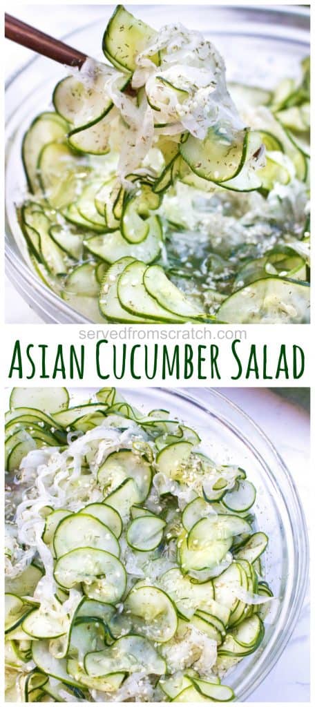 chopsticks holding thinly sliced cucumbers in a bowl with Pinterest pin text.