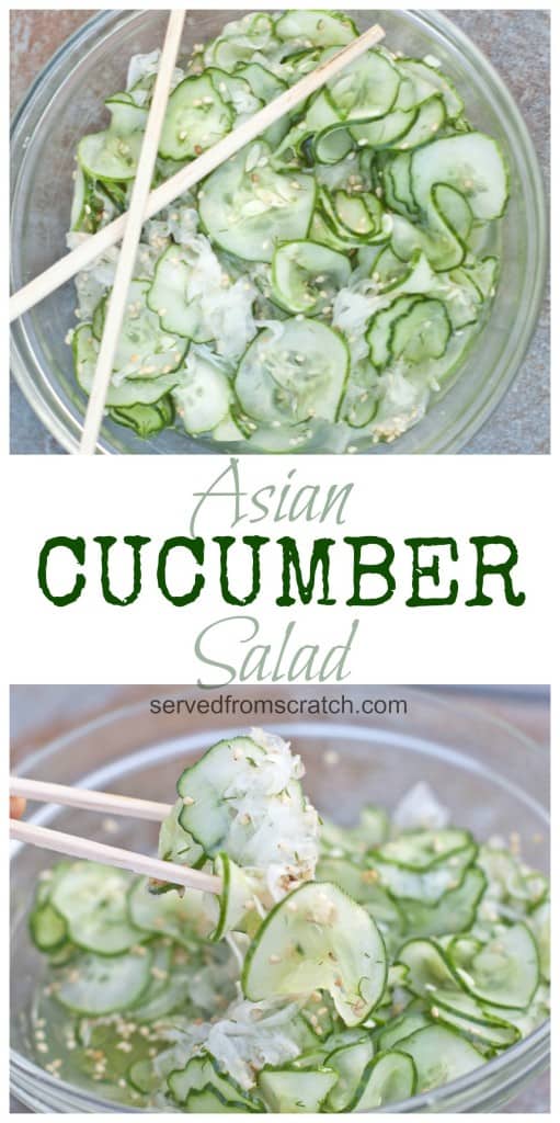 chopsticks holding thinly sliced cucumbers in a bowl with Pinterest pin text.