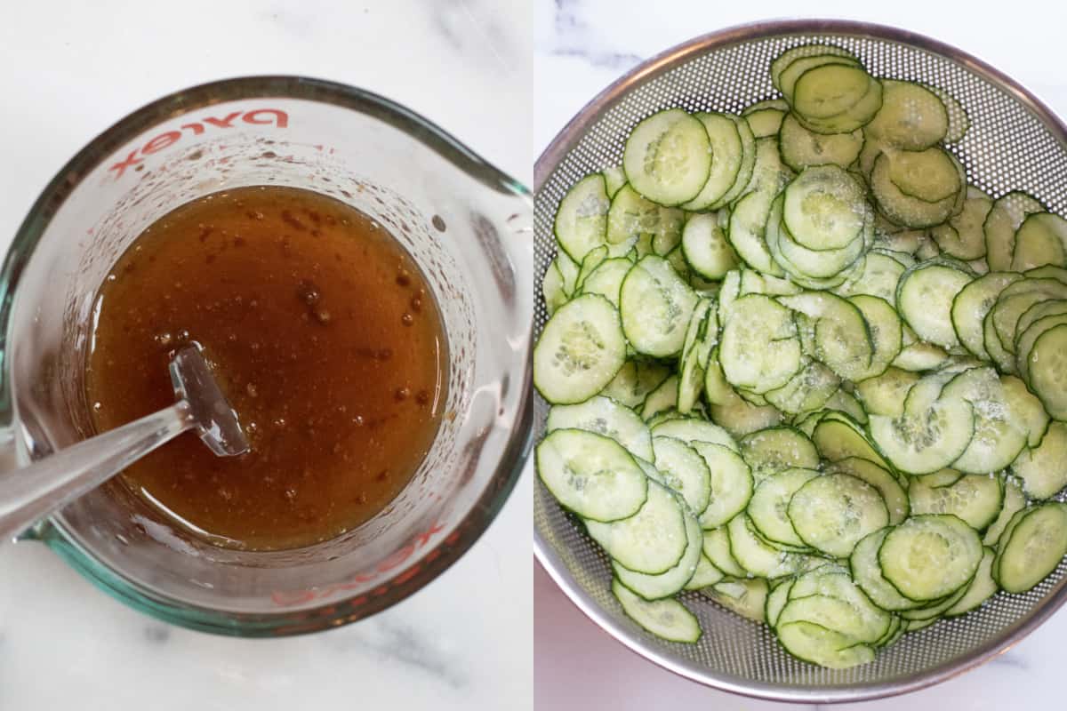a Pyrex with dressing mixed with fork and a colander filled with thinly sliced cucumbers.